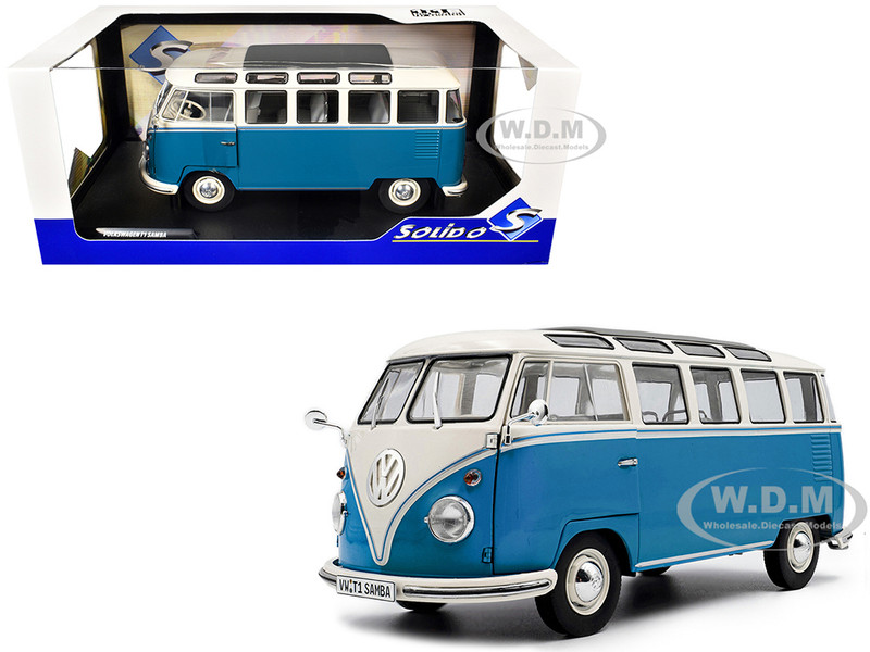 1962 Volkswagen T1 Samba Bus Baby Blue and White 1/18 Diecast Model Car Solido S1813401