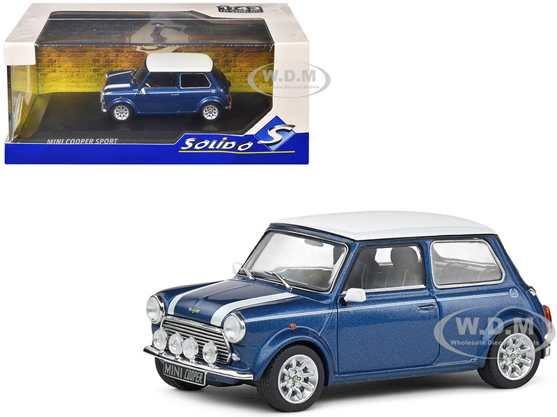 1994 Mini Cooper Sport Tahiti Blue Metallic with White Top and Stripes 1/43 Diecast Model Car Solido S4316602