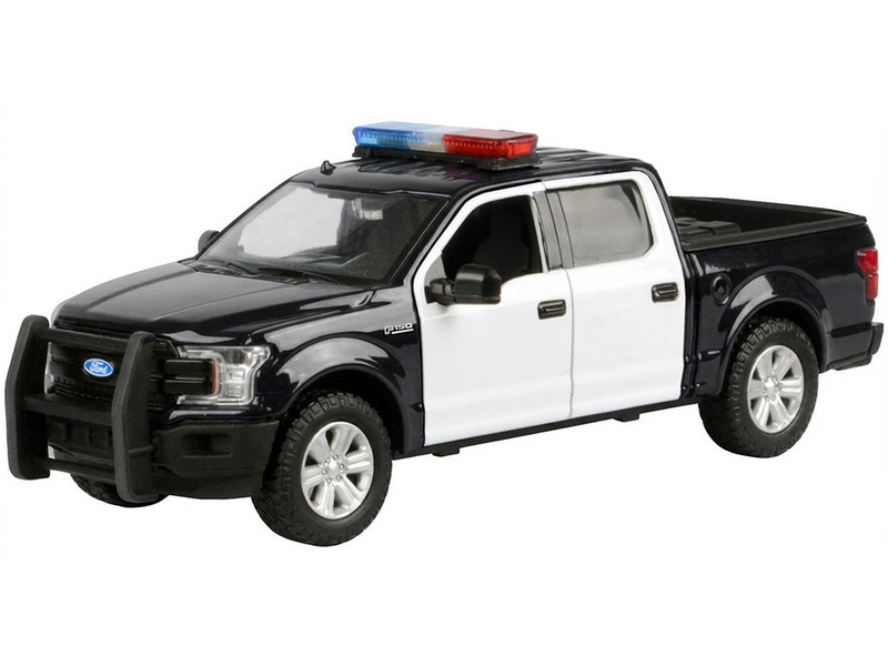 2019 Ford F 150 Lariat Crew Cab Pickup Truck Black and White with Flashing Light Bar and Front and Rear Lights and Sounds 1/27 Diecast Model Car Motormax 79542BKW