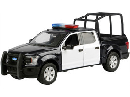2019 Ford F 150 Lariat Crew Cab Pickup Truck with Bed Cage Black and White with Flashing Light Bar and Front and Rear Lights and Sounds 1/27 Diecast Model Car Motormax 79543BKW