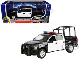 2019 Ford F 150 Lariat Crew Cab Pickup Truck with Bed Cage Black and White with Flashing Light Bar and Front and Rear Lights and Sounds 1/27 Diecast Model Car Motormax 79543BKW
