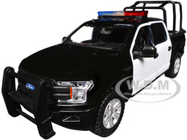 2019 Ford F 150 Lariat Crew Cab Pickup Truck with Bed Cage Black and White with Flashing Light Bar and Front and Rear Lights and Sounds 1/27 Diecast Model Car Motormax 79543BKW