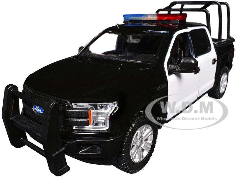 2019 Ford F 150 Lariat Crew Cab Pickup Truck with Bed Cage Black and White with Flashing Light Bar and Front and Rear Lights and Sounds 1/27 Diecast Model Car Motormax 79543BKW