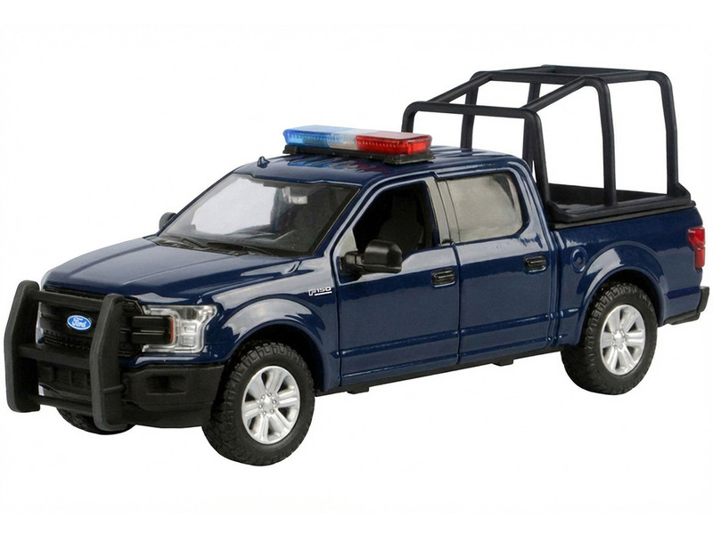 2019 Ford F 150 Lariat Crew Cab Pickup Truck with Bed Cage Dark Blue with Flashing Light Bar and Front and Rear Lights and Sounds 1/27 Diecast Model Car Motormax 79543BL