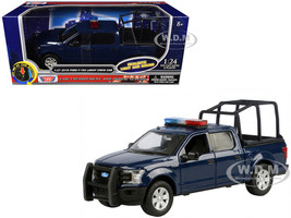 2019 Ford F 150 Lariat Crew Cab Pickup Truck with Bed Cage Dark Blue with Flashing Light Bar and Front and Rear Lights and Sounds 1/27 Diecast Model Car Motormax 79543BL