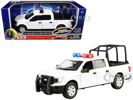 2019 Ford F 150 Lariat Crew Cab Pickup Truck with Bed Cage White with Flashing Light Bar and Front and Rear Lights and Sounds 1/27 Diecast Model Car Motormax 79543W
