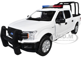 2019 Ford F 150 Lariat Crew Cab Pickup Truck with Bed Cage White with Flashing Light Bar and Front and Rear Lights and Sounds 1/27 Diecast Model Car Motormax 79543W