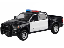 2019 RAM 1500 Laramie Crew Cab Pickup Truck Black and White with Flashing Light Bar and Front and Rear Lights and Sounds 1/27 Diecast Model Car Motormax 79544BKW