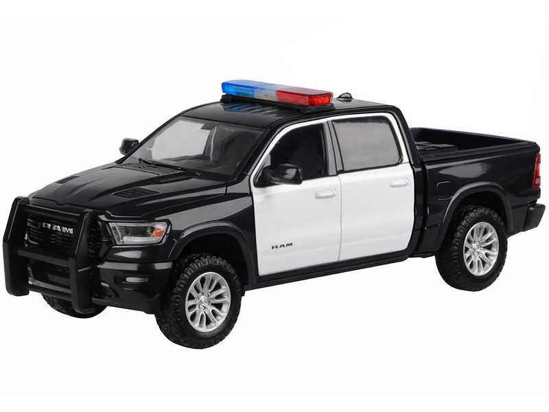 2019 RAM 1500 Laramie Crew Cab Pickup Truck Black and White with Flashing Light Bar and Front and Rear Lights and Sounds 1/27 Diecast Model Car Motormax 79544BKW
