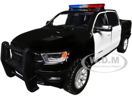 2019 RAM 1500 Laramie Crew Cab Pickup Truck Black and White with Flashing Light Bar and Front and Rear Lights and Sounds 1/27 Diecast Model Car Motormax 79544BKW