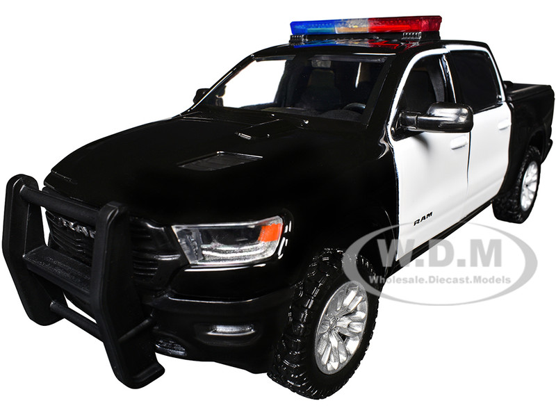 2019 RAM 1500 Laramie Crew Cab Pickup Truck Black and White with Flashing Light Bar and Front and Rear Lights and Sounds 1/27 Diecast Model Car Motormax 79544BKW