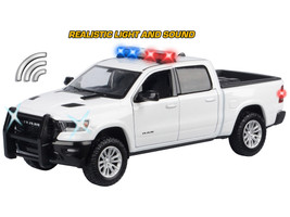 2019 RAM 1500 Laramie Crew Cab Pickup Truck White with Flashing Light Bar and Front and Rear Lights and Sounds 1/27 Diecast Model Car Motormax 79544W