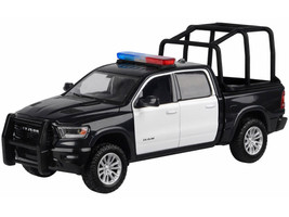 2019 RAM 1500 Laramie Crew Cab Pickup Truck with Bed Cage Black and White with Flashing Light Bar and Front and Rear Lights and Sounds 1/27 Diecast Model Car Motormax 79545BKW