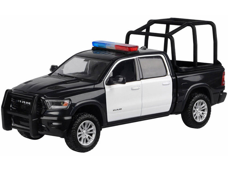 2019 RAM 1500 Laramie Crew Cab Pickup Truck with Bed Cage Black and White with Flashing Light Bar and Front and Rear Lights and Sounds 1/27 Diecast Model Car Motormax 79545BKW