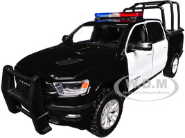 2019 RAM 1500 Laramie Crew Cab Pickup Truck with Bed Cage Black and White with Flashing Light Bar and Front and Rear Lights and Sounds 1/27 Diecast Model Car Motormax 79545BKW