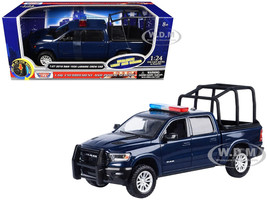 2019 RAM 1500 Laramie Crew Cab Pickup Truck with Bed Cage Dark Blue with Flashing Light Bar and Front and Rear Lights and Sounds 1/27 Diecast Model Car Motormax 79545BL