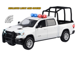 2019 RAM 1500 Laramie Crew Cab Pickup Truck with Bed Cage White with Flashing Light Bar and Front and Rear Lights and Sounds 1/27 Diecast Model Car Motormax 79545W