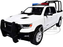 2019 RAM 1500 Laramie Crew Cab Pickup Truck with Bed Cage White with Flashing Light Bar and Front and Rear Lights and Sounds 1/27 Diecast Model Car Motormax 79545W