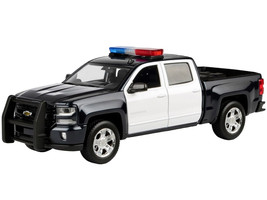 2017 Chevrolet Silverado 1500 LT Z71 Crew Cab Pickup Truck Black and White with Flashing Light Bar and Front and Rear Lights and Sounds 1/27 Diecast Model Car Motormax 79546BKW