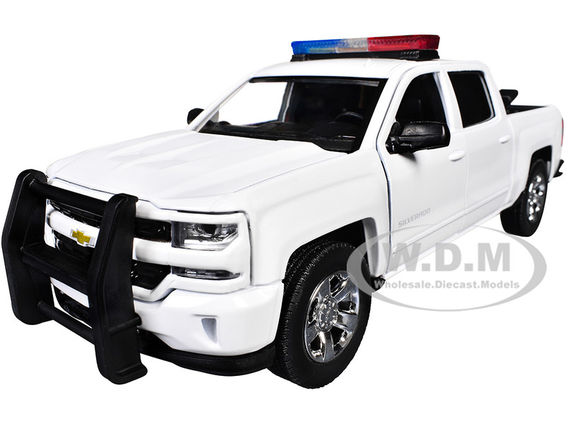 2017 Chevrolet Silverado 1500 LT Z71 Crew Cab Pickup Truck White with Flashing Light Bar and Front and Rear Lights and Sounds 1/27 Diecast Model Car Motormax 79546W