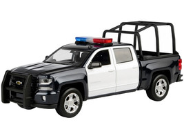 2017 Chevrolet Silverado 1500 LT Z71 Crew Cab Pickup Truck with Bed Cage Black and White with Flashing Light Bar and Front and Rear Lights and Sounds 1/27 Diecast Model Car Motormax 79547BKW