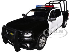 2017 Chevrolet Silverado 1500 LT Z71 Crew Cab Pickup Truck with Bed Cage Black and White with Flashing Light Bar and Front and Rear Lights and Sounds 1/27 Diecast Model Car Motormax 79547BKW
