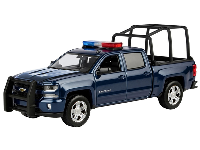 2017 Chevrolet Silverado 1500 LT Z71 Crew Cab Pickup Truck with Bed Cage Dark Blue with Flashing Light Bar and Front and Rear Lights and Sounds 1/27 Diecast Model Car Motormax 79547BL