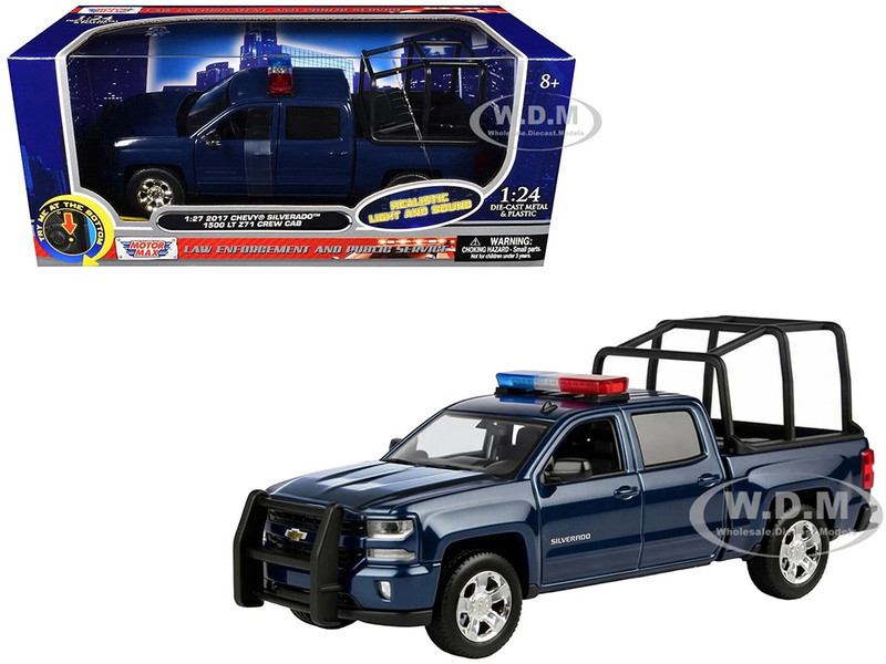 2017 Chevrolet Silverado 1500 LT Z71 Crew Cab Pickup Truck with Bed Cage Dark Blue with Flashing Light Bar and Front and Rear Lights and Sounds 1/27 Diecast Model Car Motormax 79547BL