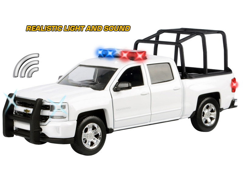 2017 Chevrolet Silverado 1500 LT Z71 Crew Cab Pickup Truck with White with Flashing Light Bar and Front and Rear Lights and Sounds 1/27 Diecast Model Car Motormax 79547W