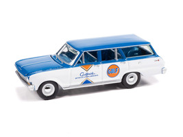 1963 Chevrolet II Nova 400 Wagon Gulf Blue and White with Blue Interior Big Country Collectibles 2025 Series 1/64 Diecast Model Car Auto World AWBC003-AWSP201