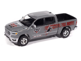 2021 Ram 1500 Limited Pickup Truck PBR Professional Bull Riders Gray Metallic with Graphics Big Country Collectibles 2025 Series 1/64 Diecast Model Car Auto World AWBC003-AWSP202