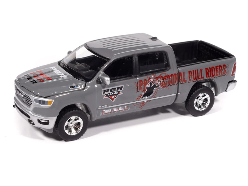 2021 Ram 1500 Limited Pickup Truck PBR Professional Bull Riders Gray Metallic with Graphics Big Country Collectibles 2025 Series 1/64 Diecast Model Car Auto World AWBC003-AWSP202