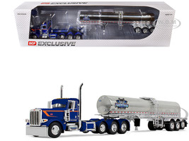 Peterbilt 389 Tri Axle Day Cab and Walker Food Grade Tank Trailer Finnesgard Trucking Blue with Orange Stripes 1/64 Diecast Model DCP/First Gear 60-2165
