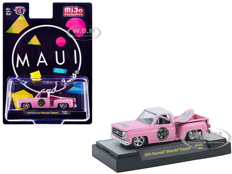 1979 Chevrolet Silverado Stepside Pickup Truck Maui & Sons Pink with White Top and Surfboard Limited Edition to 8360 pieces Worldwide 1/64 Diecast Model Car M2 Machines 31500-MJS95