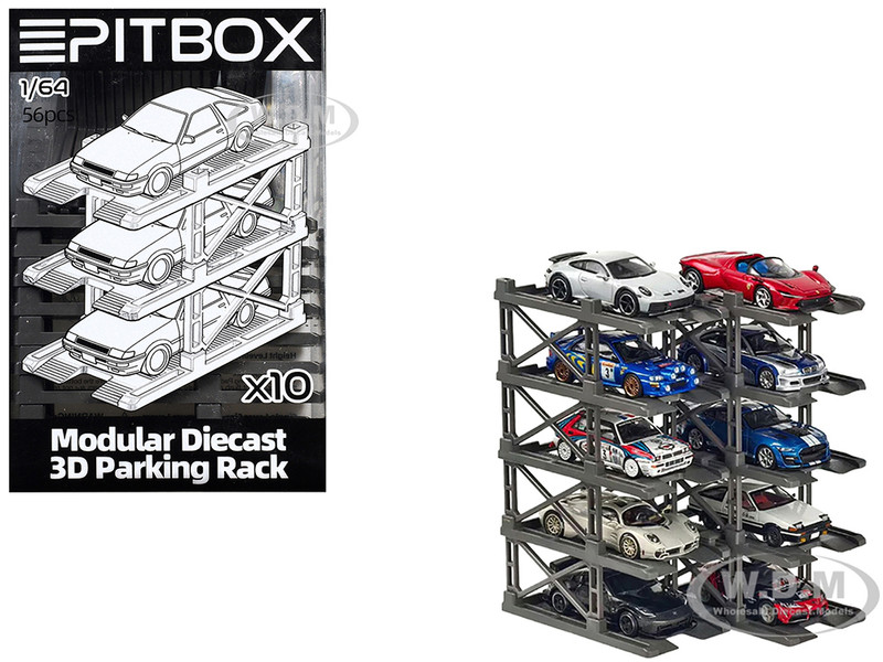 Modular Diecast 3D Parking Rack Display Stand Set of 10 Racks for 1/64 Scale Model Cars Pitbox 720008