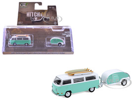 1971 Volkswagen Type 2 Van Seafoam Green and White with Surfboards and Teardrop Trailer Hitch & Tow Series 33 1/64 Diecast Model Cars Greenlight 32330B