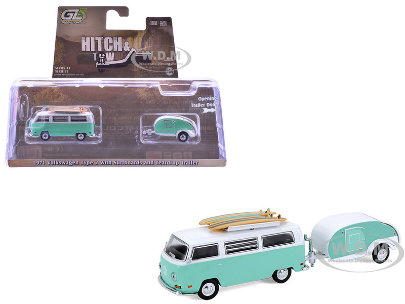 1971 Volkswagen Type 2 Van Seafoam Green and White with Surfboards and Teardrop Trailer Hitch & Tow Series 33 1/64 Diecast Model Cars Greenlight 32330B