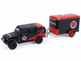 2012 Jeep Wrangler Unlimited Diablo Sport Black with Red Graphics and Small Cargo Trailer Hitch & Tow Series 33 1/64 Diecast Model Cars Greenlight 32330C