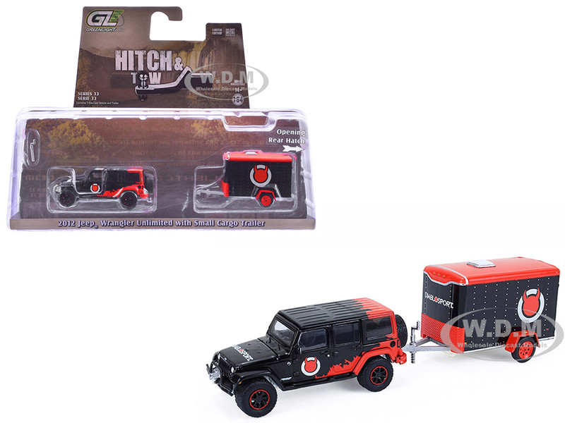 2012 Jeep Wrangler Unlimited Diablo Sport Black with Red Graphics and Small Cargo Trailer Hitch & Tow Series 33 1/64 Diecast Model Cars Greenlight 32330C