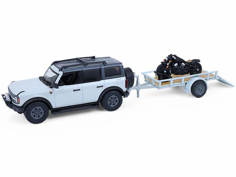 2021 Ford Bronco 4 Door Badlands Cactus Gray with Black Top and Motorcycle with Utility Trailer Hitch & Tow Series 33 1/64 Diecast Model Cars Greenlight 32330D