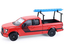 2015 Ford F 150 Pickup Truck with Ladder Rack Red with Black Stripes Down on the Farm Series 11 1/64 Diecast Model Greenlight 48110E