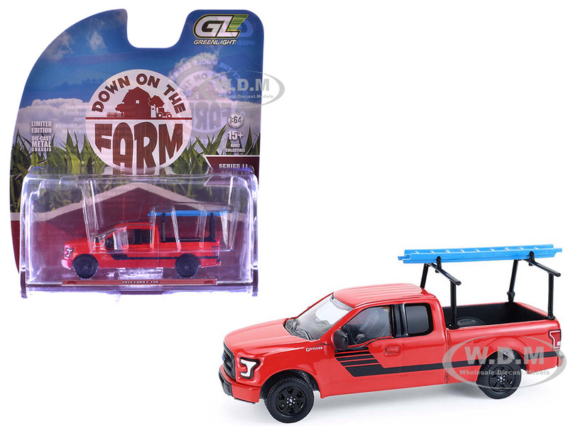 2015 Ford F 150 Pickup Truck with Ladder Rack Red with Black Stripes Down on the Farm Series 11 1/64 Diecast Model Greenlight 48110E