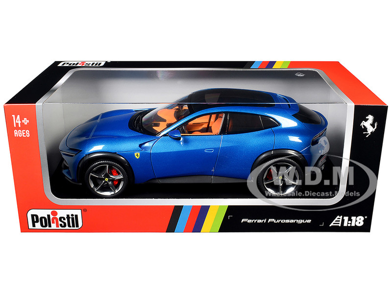 2022 Ferrari Purosangue Blu Corsa Blue Metallic with Black Top and Orange Interior 1/18 Diecast Model Car Polistil 18FE02022-WB