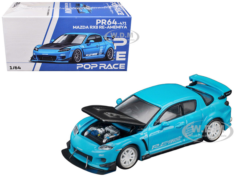 Mazda RX8 RE Amemiya RHD Right Hand Drive Light Blue with Carbon Hood Tokyo Auto Salon 2026 1/64 Diecast Model Car Pop Race PR640471