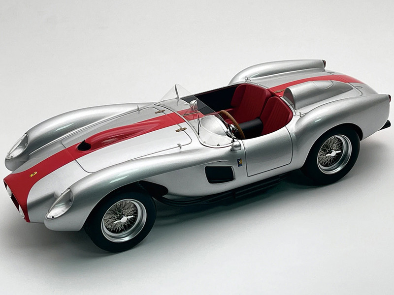 1958 Ferrari 250 TR Pontoon Fender Street Version Silver Metallic with Red Stripe Mythos Series with Display Case Limited Edition to 30 pieces Worldwide 1/18 Model Car Tecnomodel TM18-254M