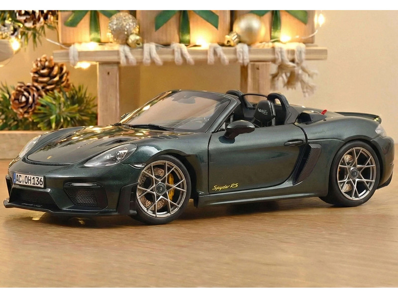 2023 Porsche 718 Spyder RS Weissach Pack Forest Green Metallic with Carbon Hood Stripes 1/18 Diecast Model Car Norev 187272