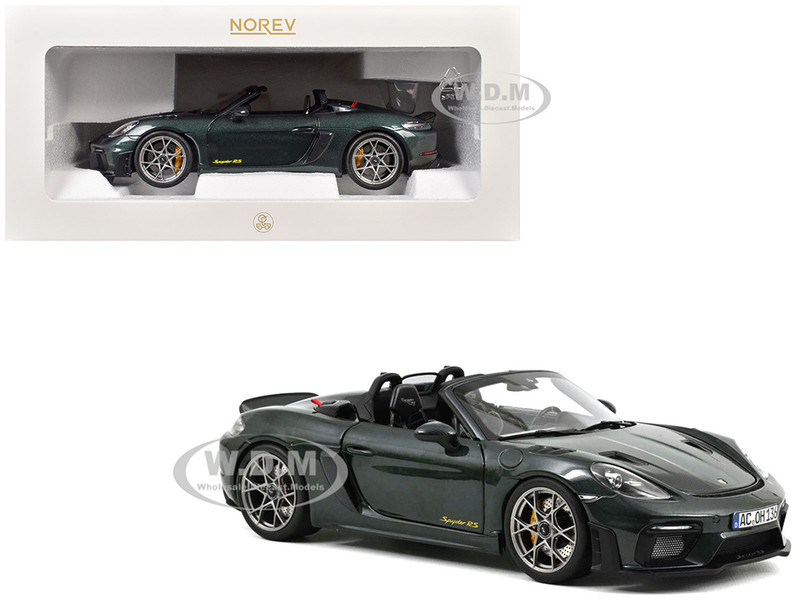 2023 Porsche 718 Spyder RS Weissach Pack Forest Green Metallic with Carbon Hood Stripes 1/18 Diecast Model Car Norev 187272
