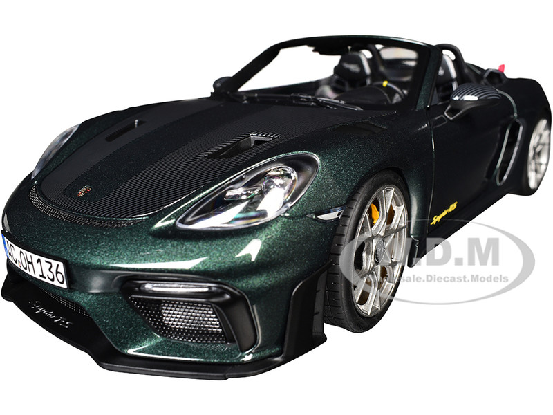 2023 Porsche 718 Spyder RS Weissach Pack Forest Green Metallic with Carbon Hood Stripes 1/18 Diecast Model Car Norev 187272