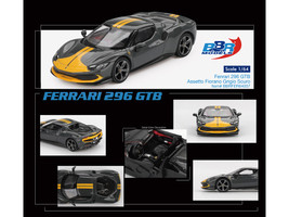 Ferrari 296 GTB Assetto Fiorano Grigio Scuro Dark Gray with Yellow Stripes 1/64 Diecast Model Car BBR BBRFER64007