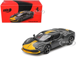 Ferrari 296 GTB Assetto Fiorano Grigio Scuro Dark Gray with Yellow Stripes 1/64 Diecast Model Car BBR BBRFER64007